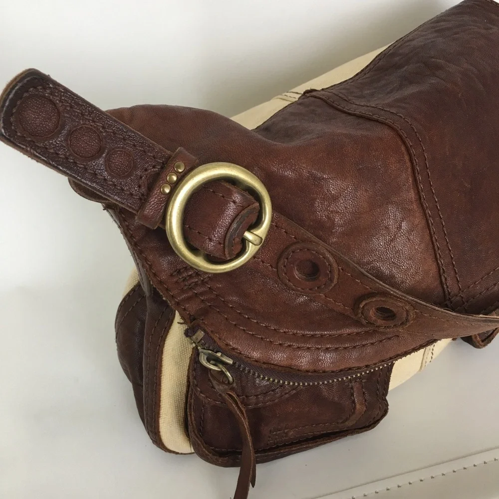 Lucky Brand Italian Leather & Canvas Shoulder Bag Brown Tan Hobo Bag Purse